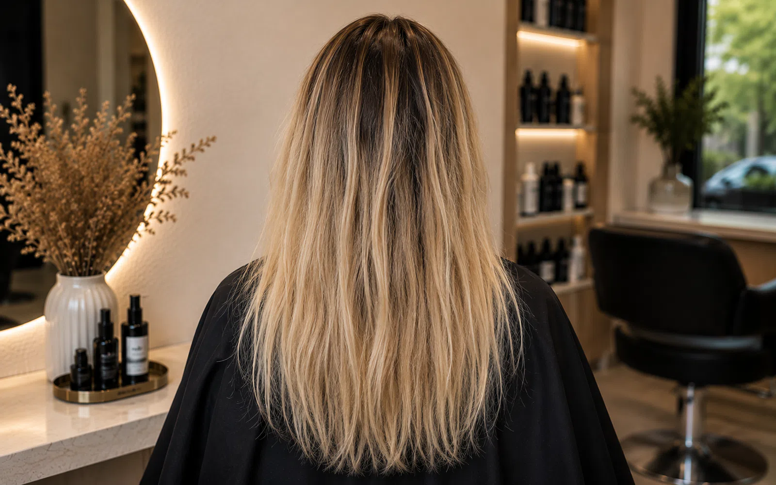 Vorher-Bild Blonde Refresh mit matterem Blond und dunklem Ansatz